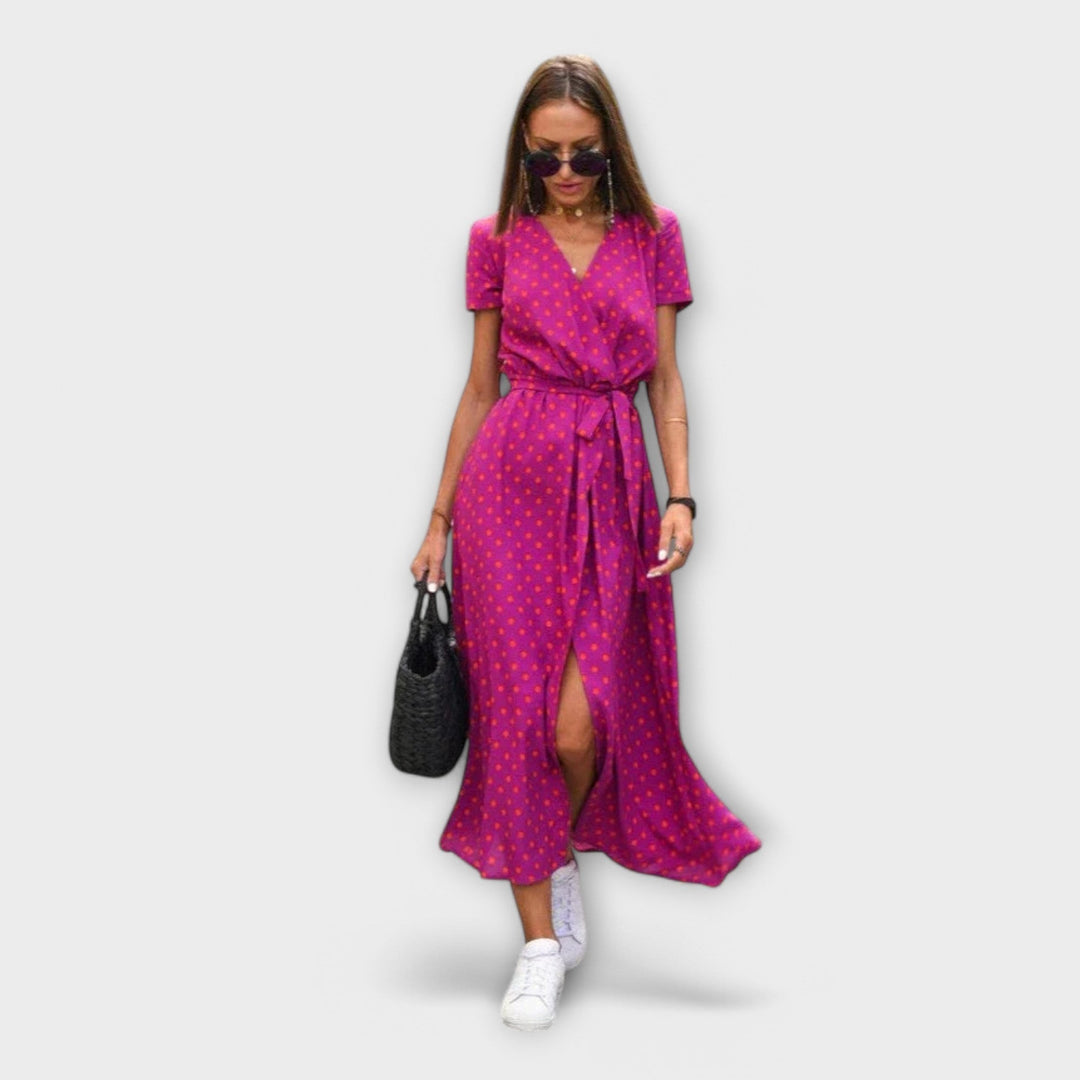 Magenta polka dot wrap midi dress with short sleeves and side split