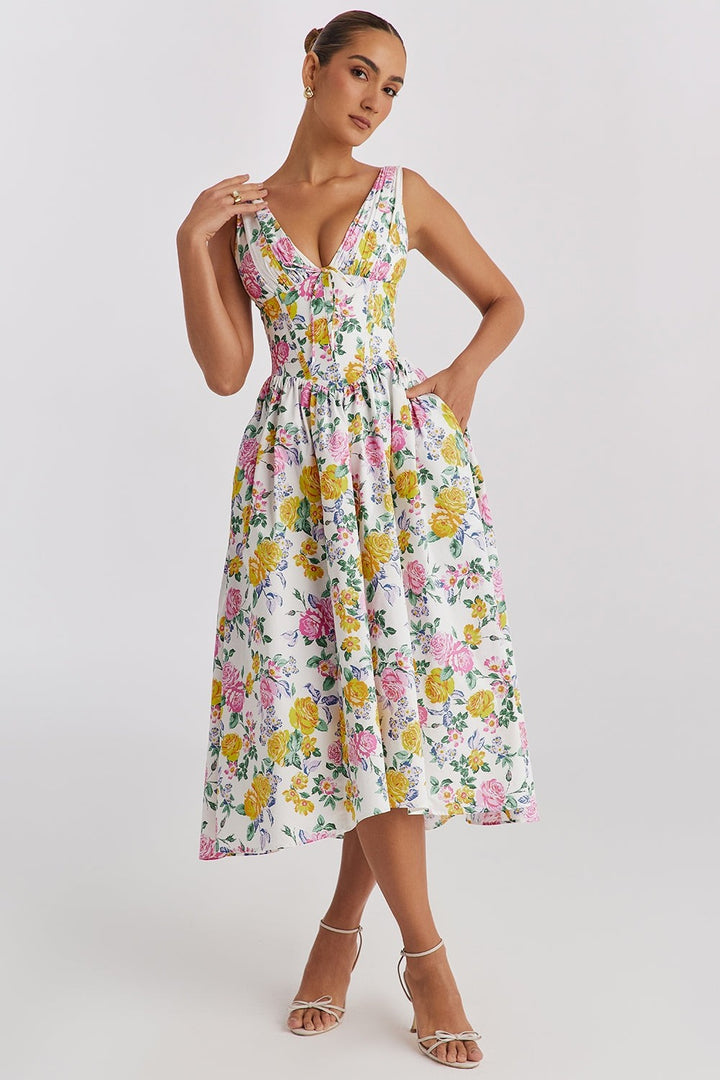Floral sleeveless midi dress with plunging V-neckline and full skirt
