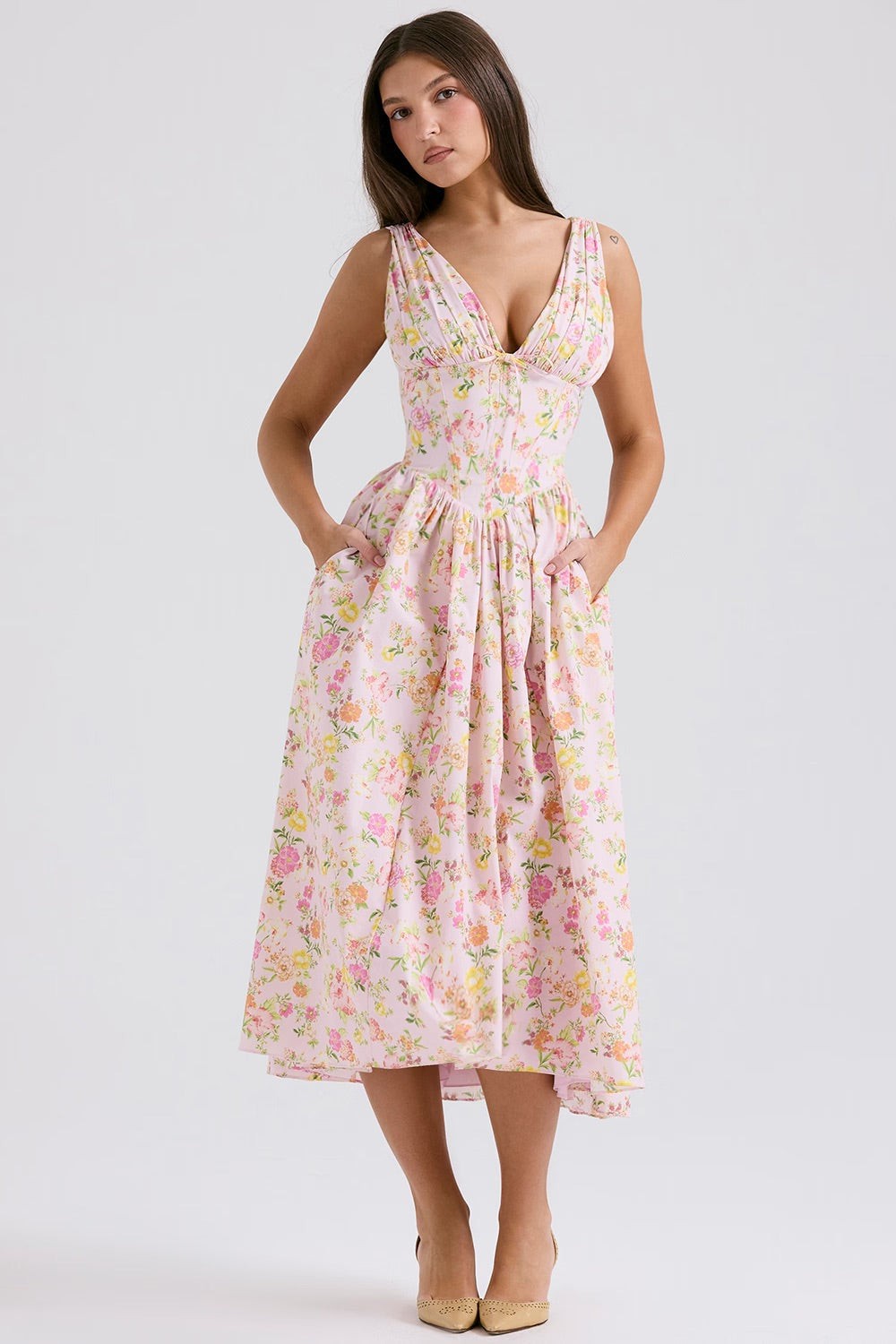 Pink floral cocktail midi dress with corset waist and pockets