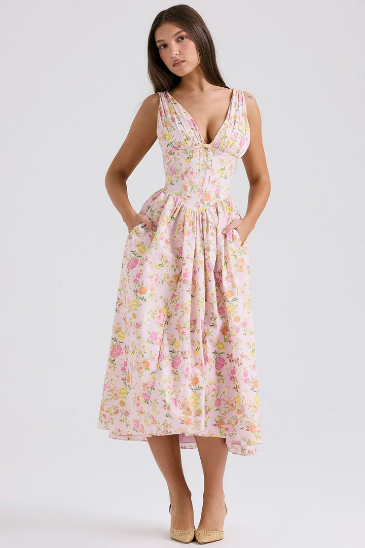 Pink floral cocktail midi dress with corset waist and pockets