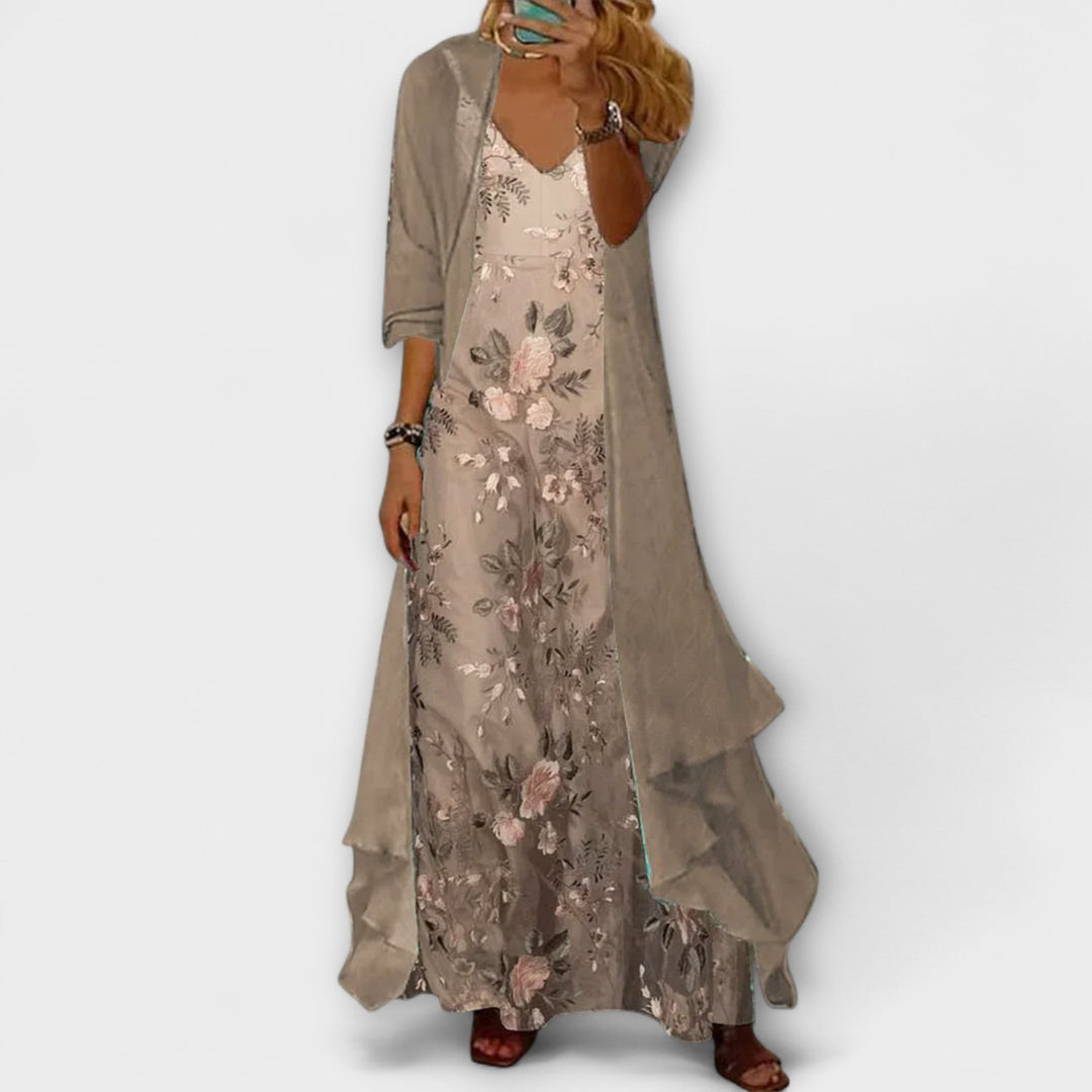 Beige floral maxi dress with layered longline duster cardigan and V-neck