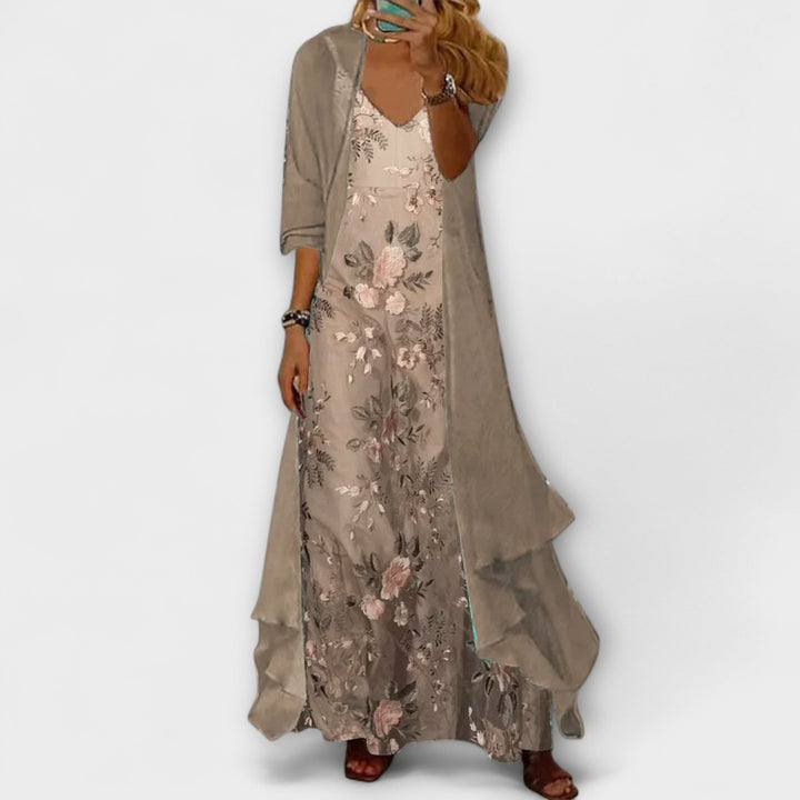 Beige floral maxi dress with layered longline duster cardigan and V-neck