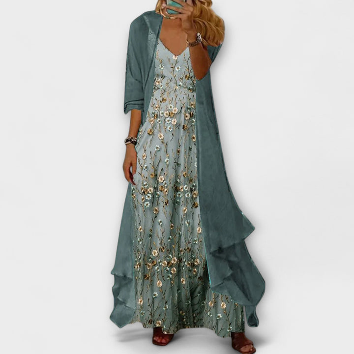 Sage green floral maxi dress styled with flowing layered duster cardigan