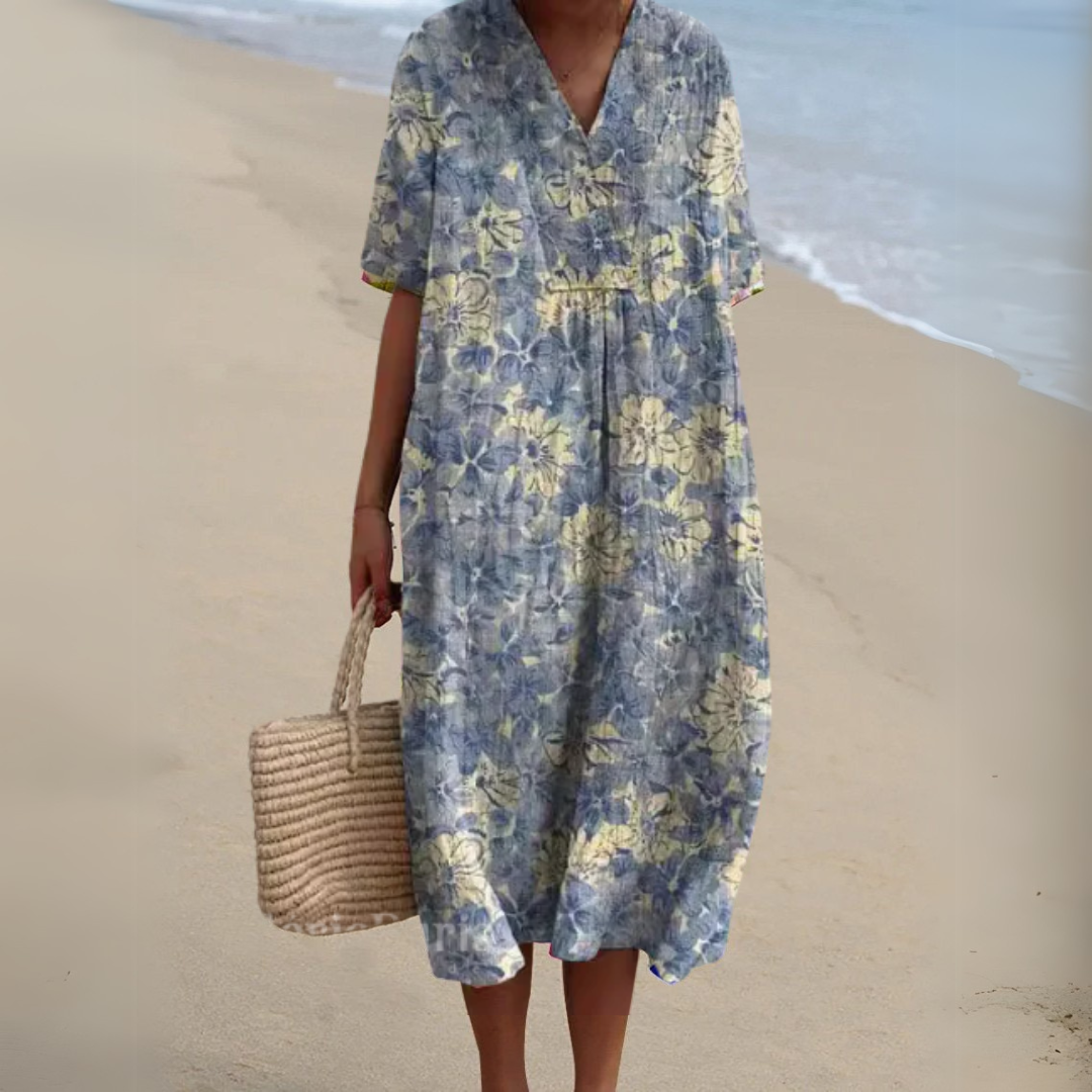 Blue and yellow floral print V-neck midi dress with short sleeves