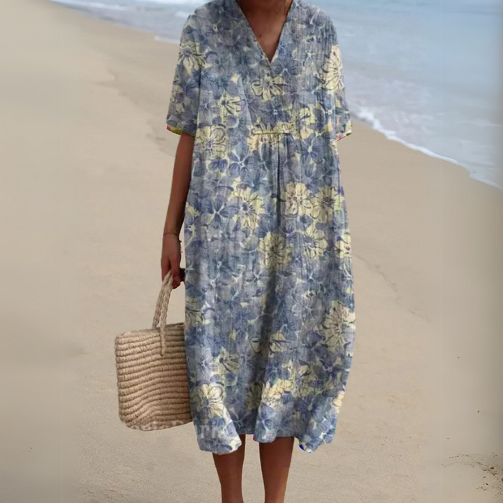 Blue and yellow floral print V-neck midi dress with short sleeves