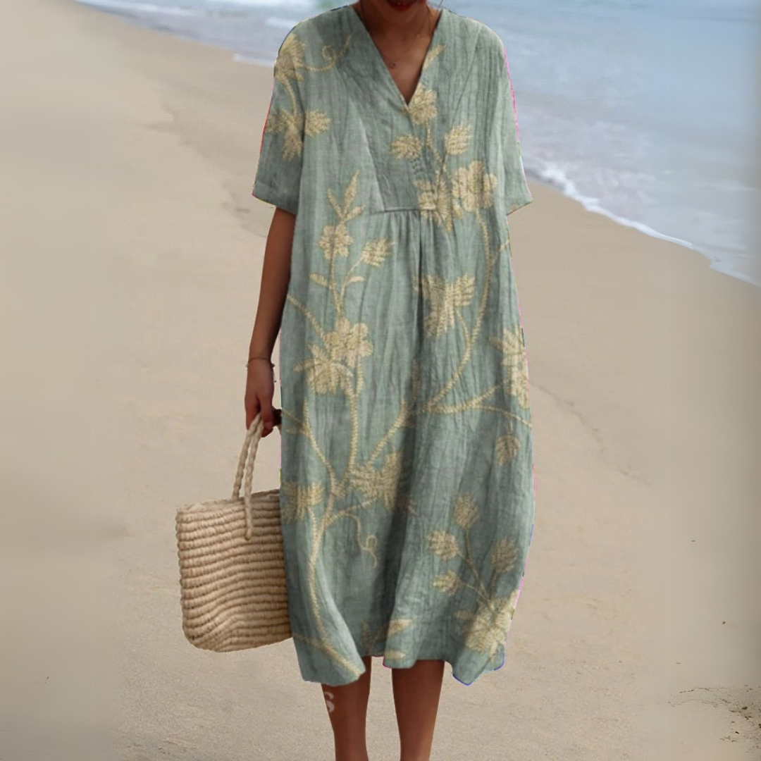 Sage green floral embroidered V-neck dress with short sleeves