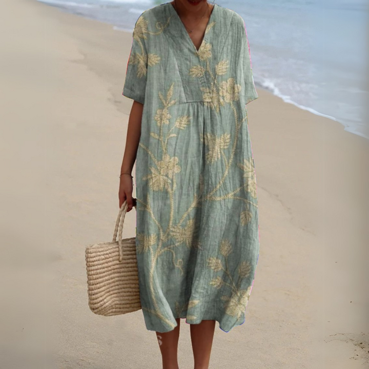 Sage green floral embroidered V-neck dress with short sleeves