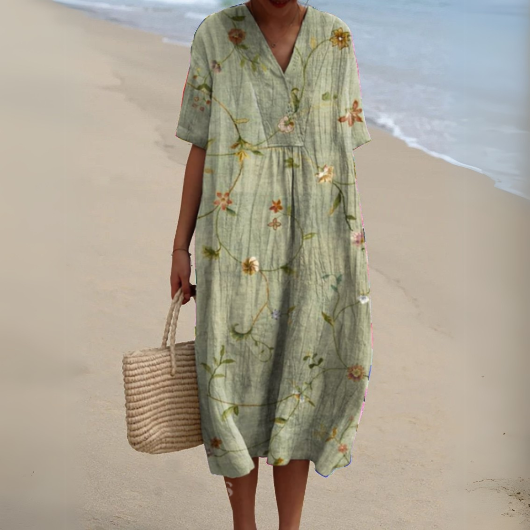 Pale green midi dress with delicate floral vine print