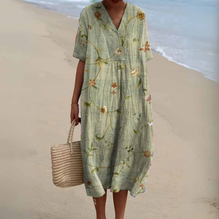 Pale green midi dress with delicate floral vine print