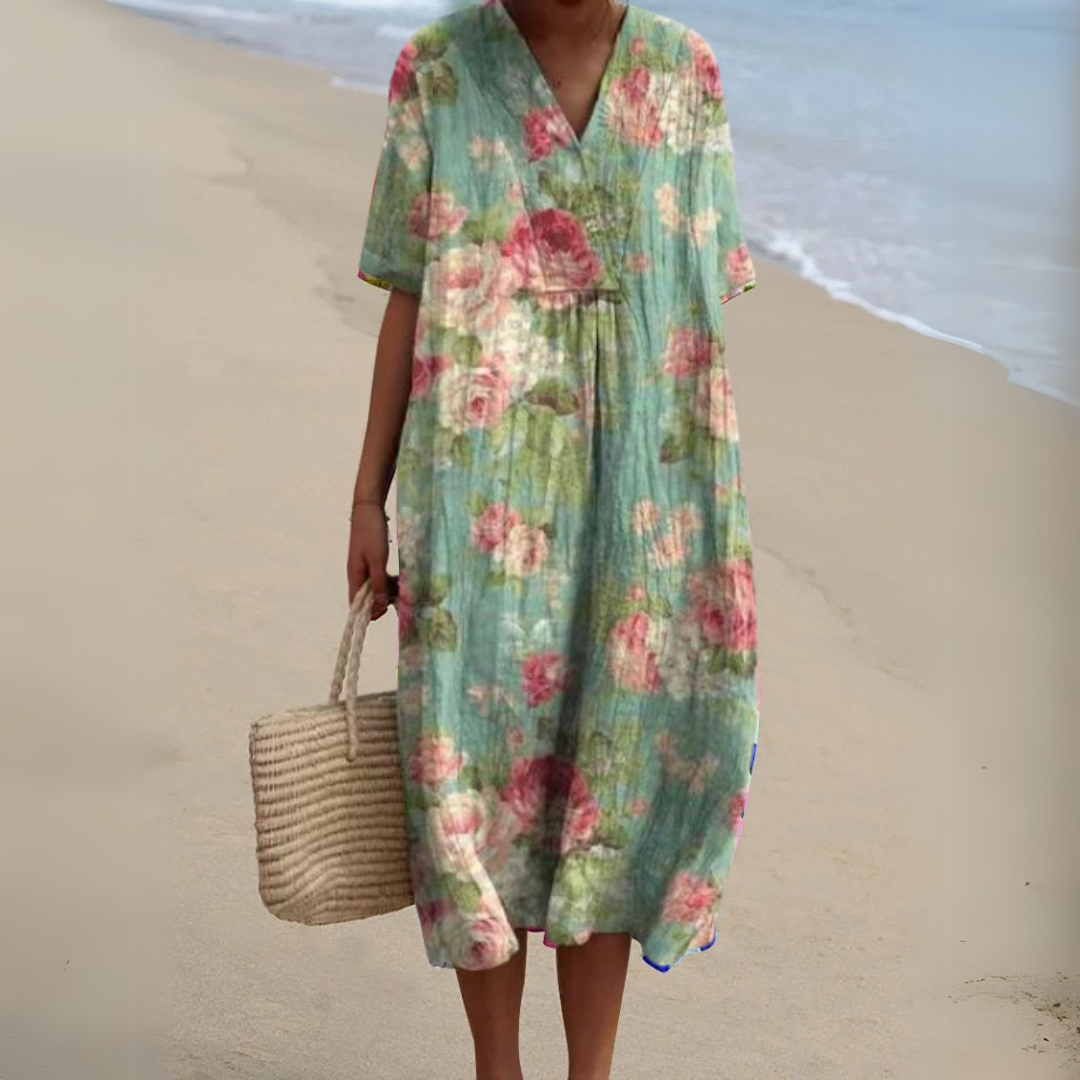 Duck-egg blue midi dress with romantic pink rose print
