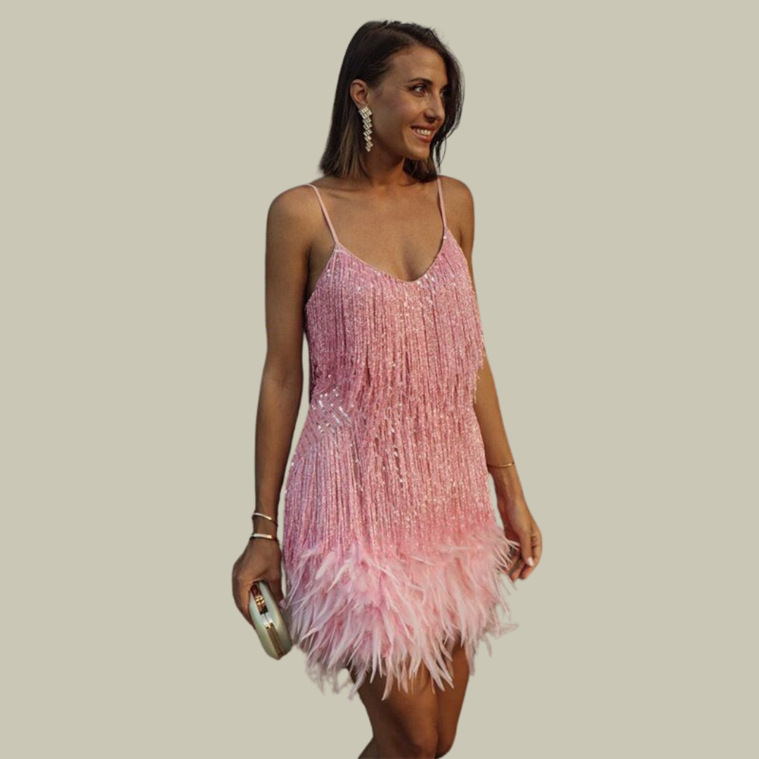 Pink ombré fringe mini dress with feathered hem and thin shoulder straps