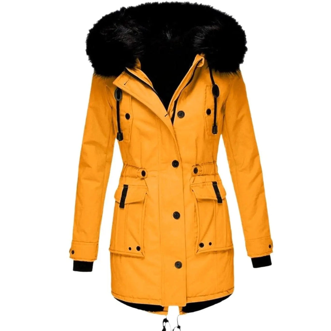 Mustard yellow parka coat with black faux fur hood and cargo pockets