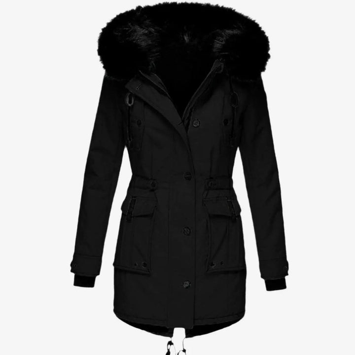 Black fitted parka coat featuring faux fur trim hood and drawstring waist