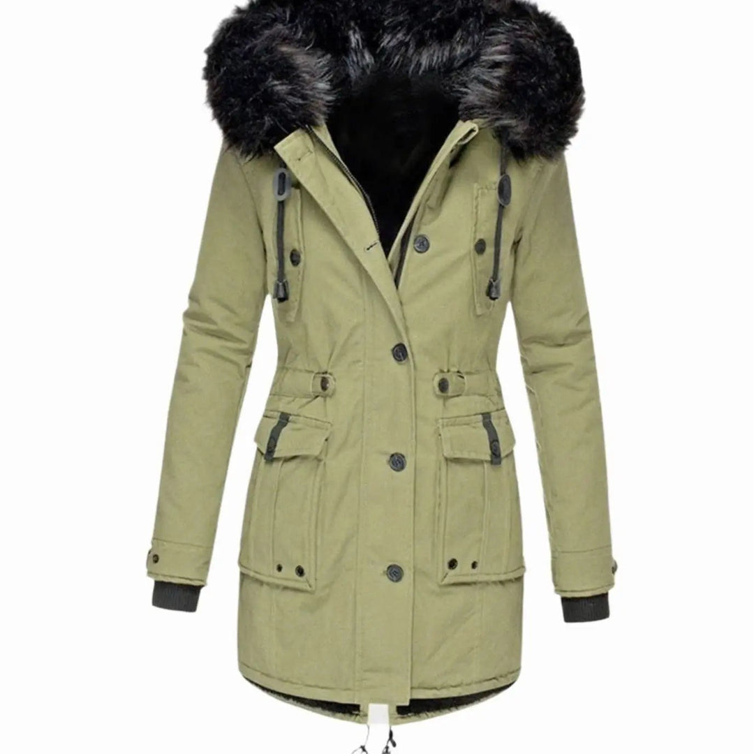 Khaki green hooded parka coat with faux fur trim and button cargo pockets