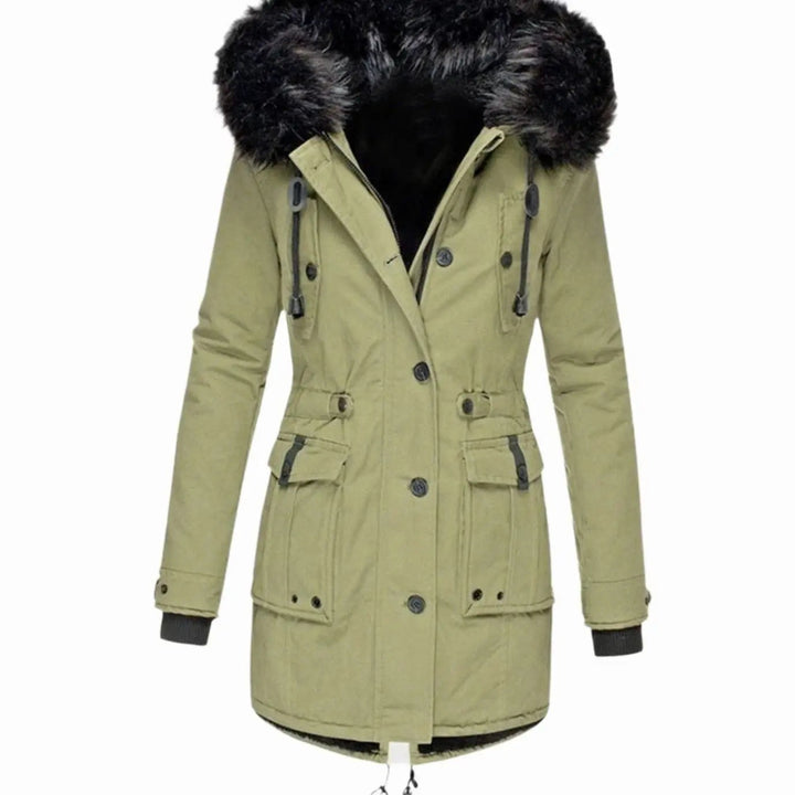 Khaki green hooded parka coat with faux fur trim and button cargo pockets