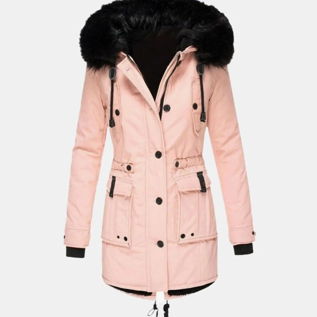 Blush pink parka coat with black faux fur hood and drawstring waist