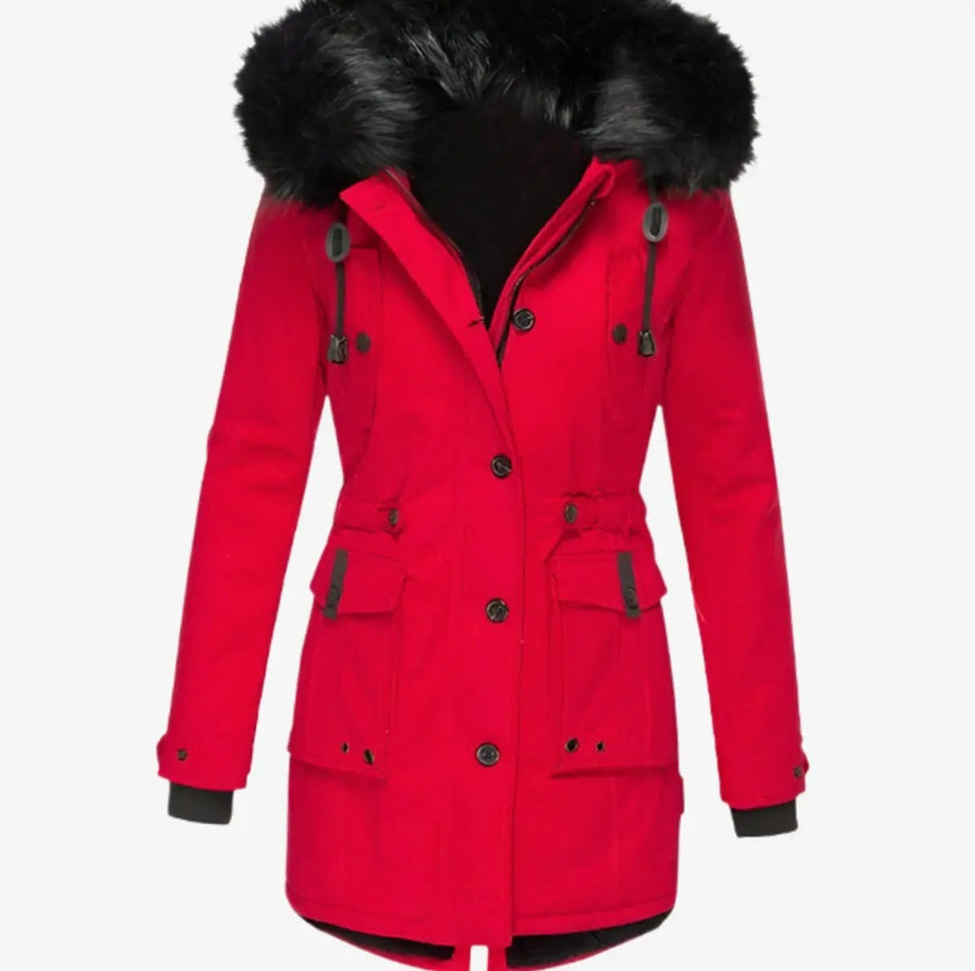 Red fitted parka coat with black faux fur hood and cargo pockets