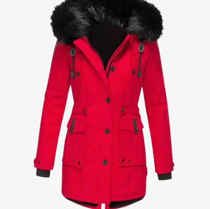 Red fitted parka coat with black faux fur hood and cargo pockets