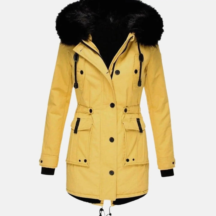 Yellow hooded winter coat with black faux fur trim and button fastening