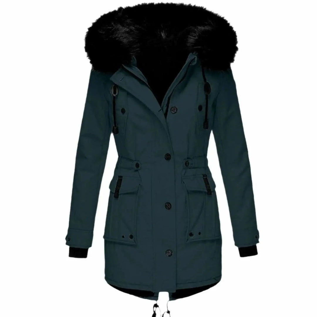 Teal green parka coat with black faux fur hood and cinched waist