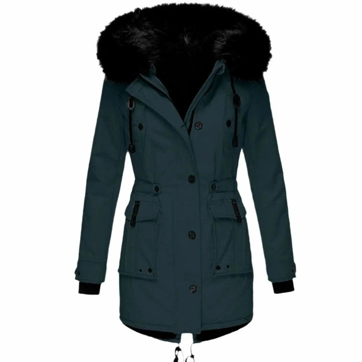 Teal green parka coat with black faux fur hood and cinched waist