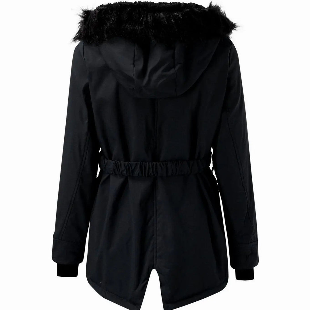 Rear view of black hooded parka coat with faux fur trim and belted waist