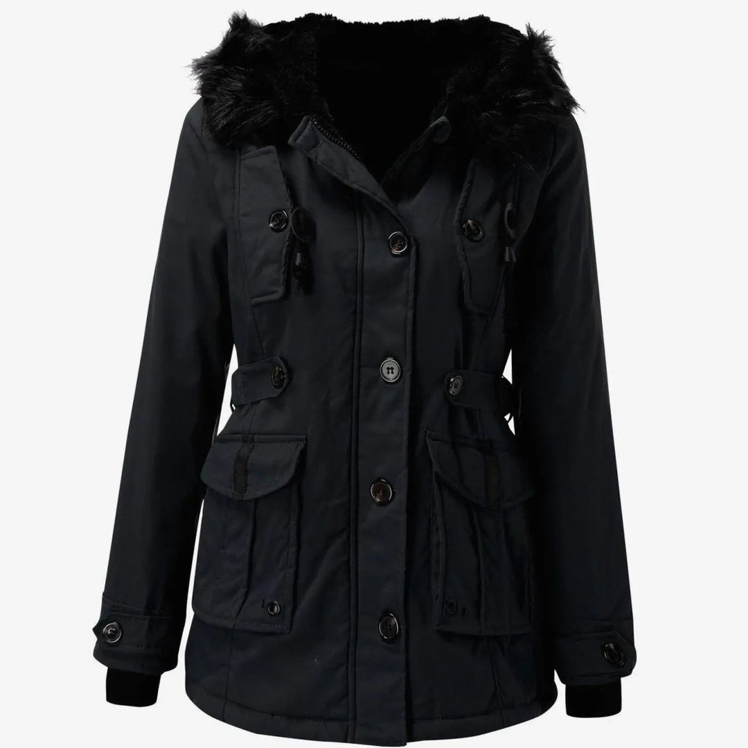 Navy fitted parka coat with faux fur hood and buttoned cargo pockets