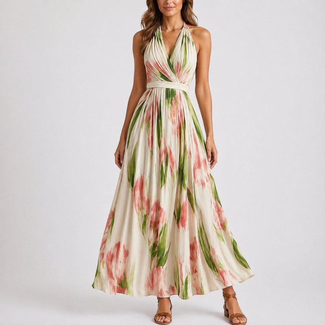 Halter neck floral maxi dress in cream with pink and green print