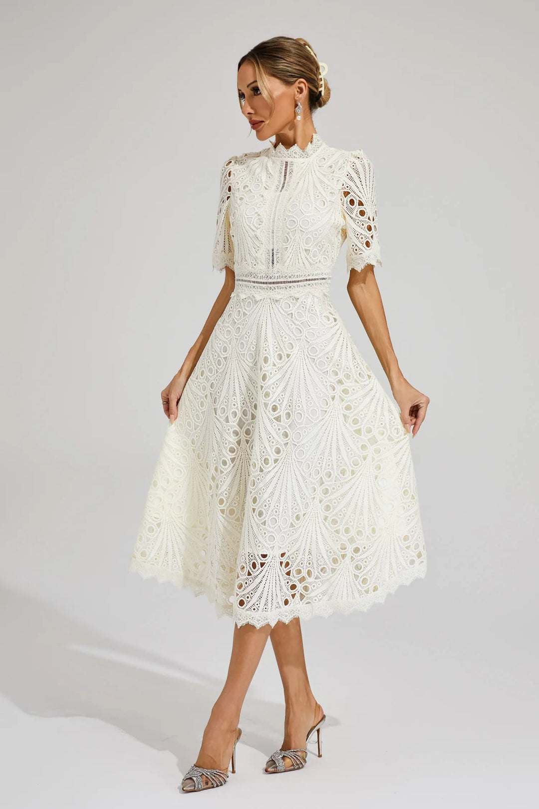 Ivory crochet lace midi dress with high neck and scalloped hem