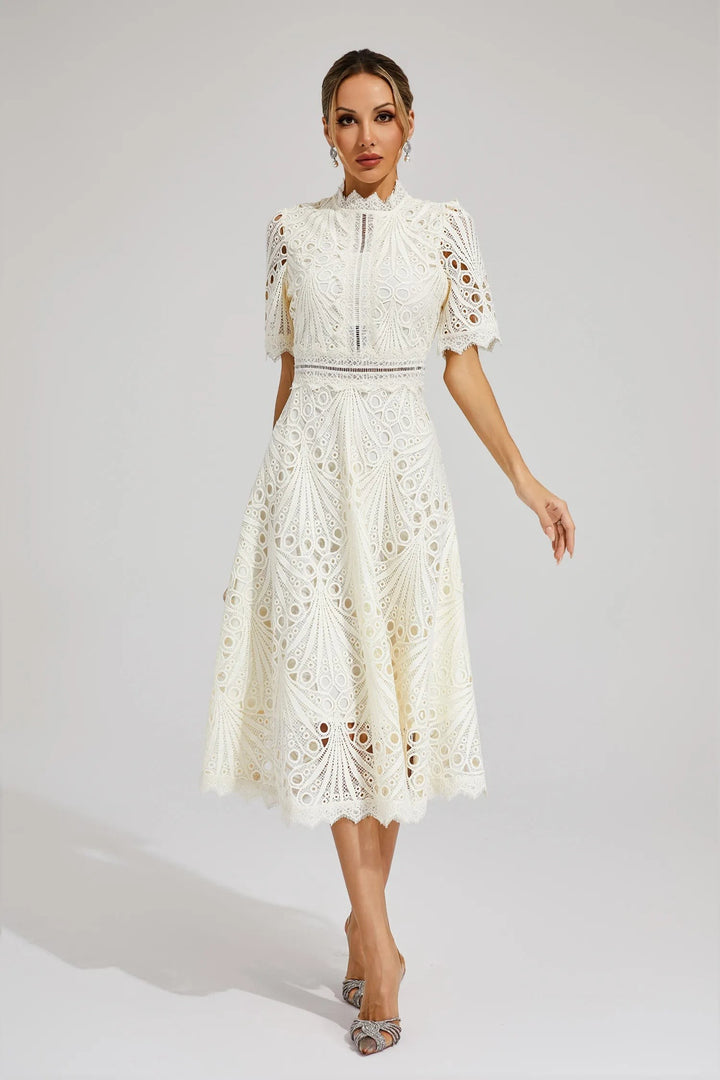 Ivory lace midi dress with high collar and short puff sleeves