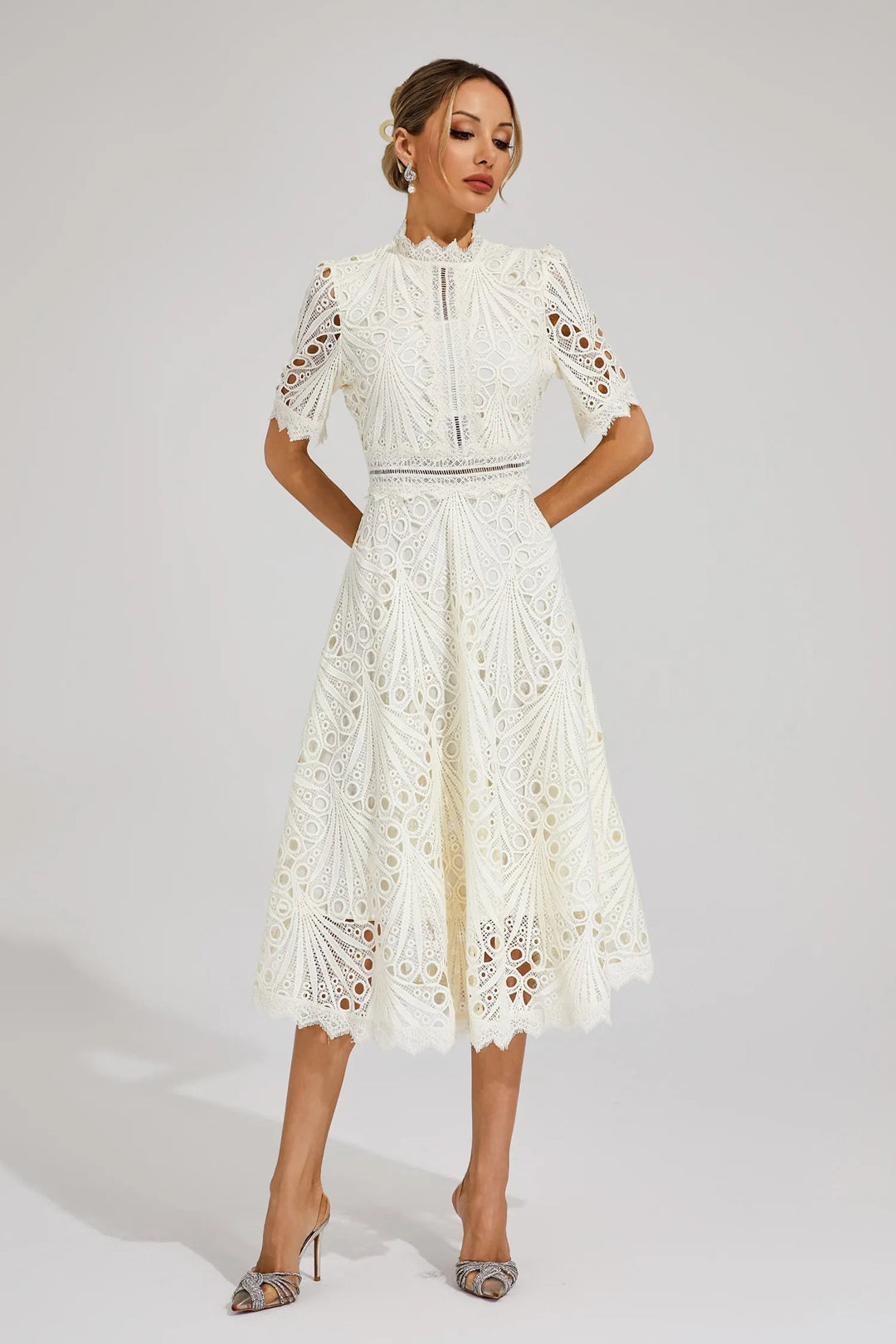 Ivory lace midi dress with scalloped hem and cut-out sleeve detail