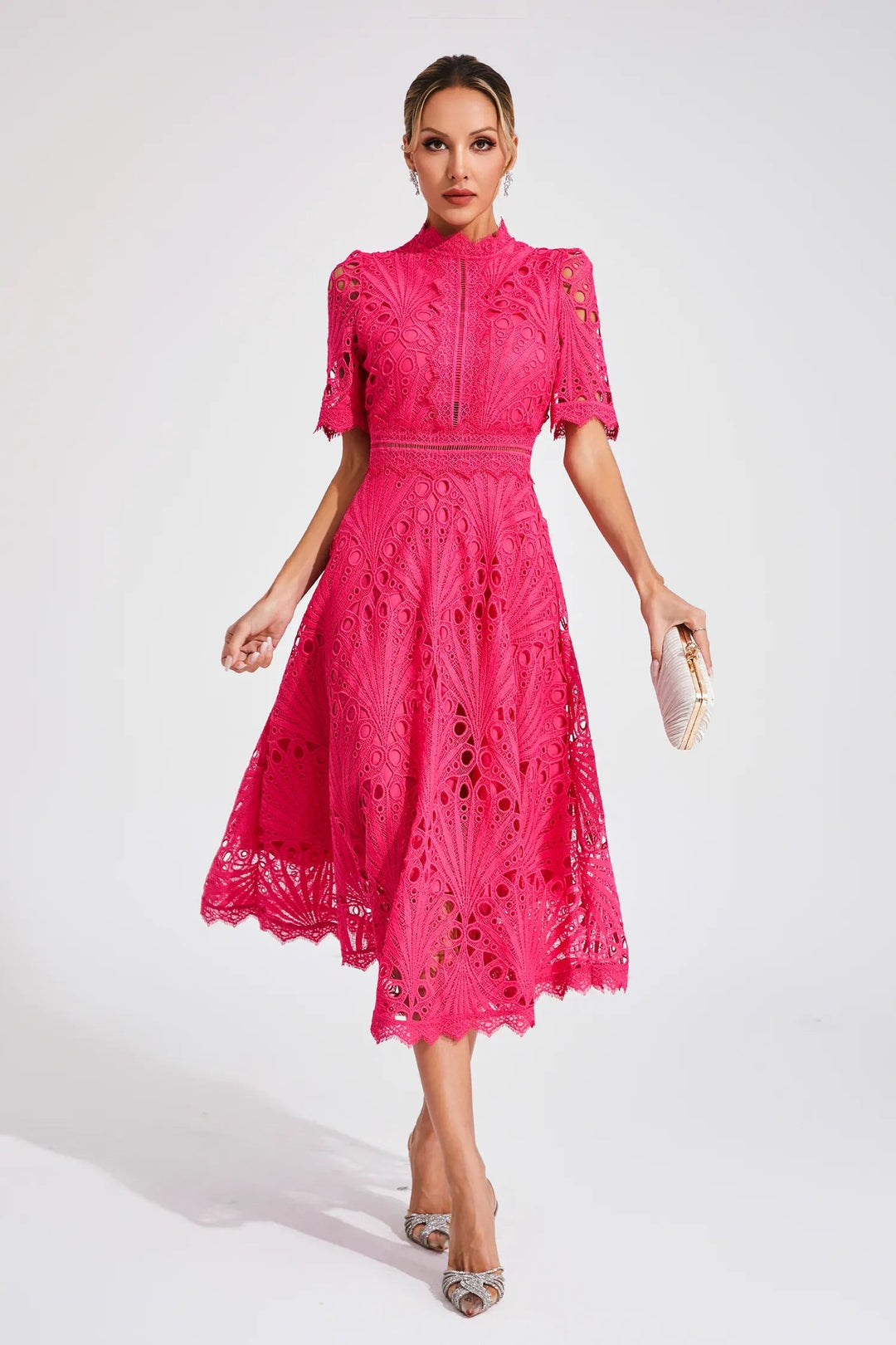 Fuchsia crochet lace dress with high neckline and scalloped sleeves