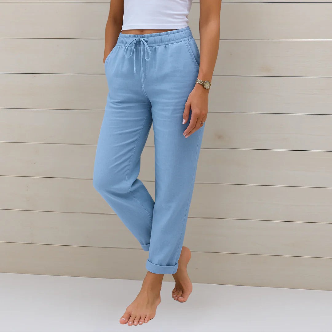 Sky blue linen-blend trousers with drawstring waist and cuffed ankles