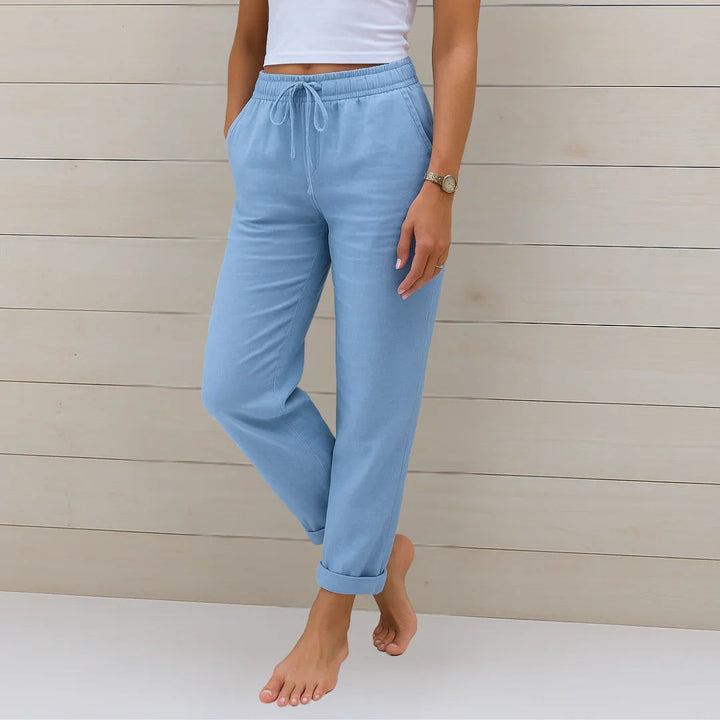 Sky blue linen-blend trousers with drawstring waist and cuffed ankles