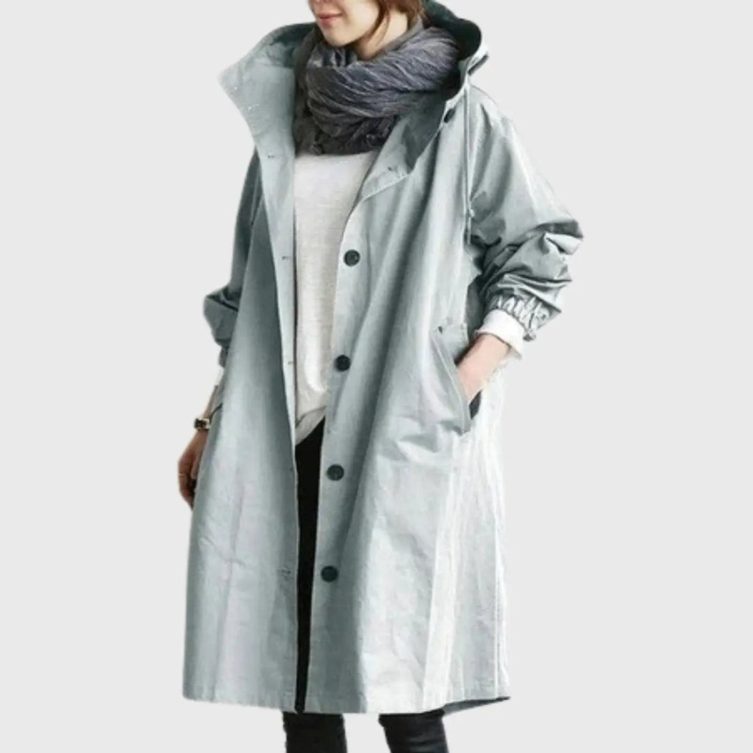 Sage-grey waterproof trench coat with stand collar and side pockets