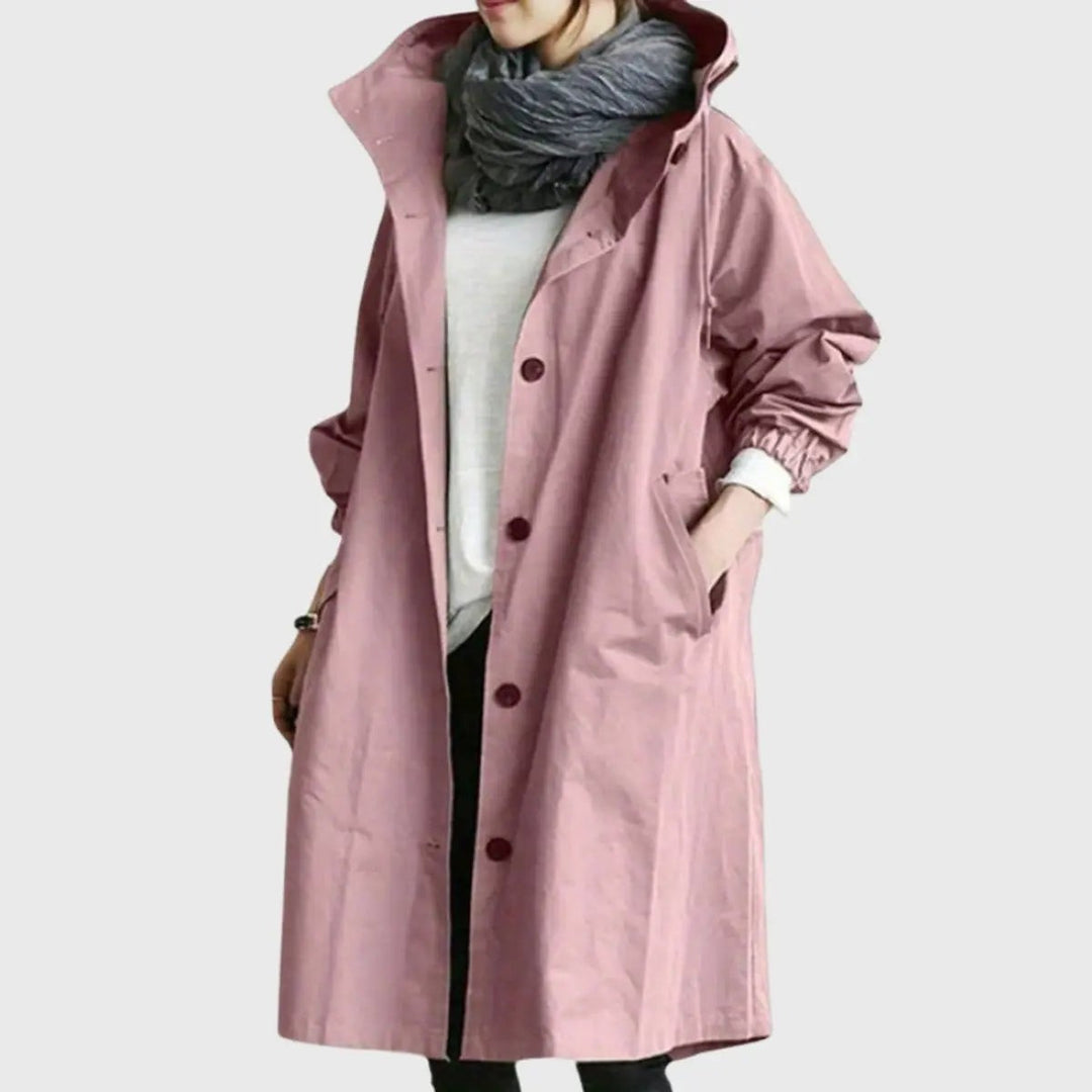 Dusty pink hooded trench coat with contrast buttons and roomy pockets