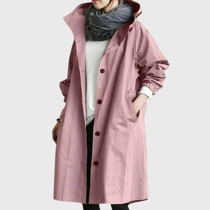 Dusty pink hooded trench coat with contrast buttons and roomy pockets