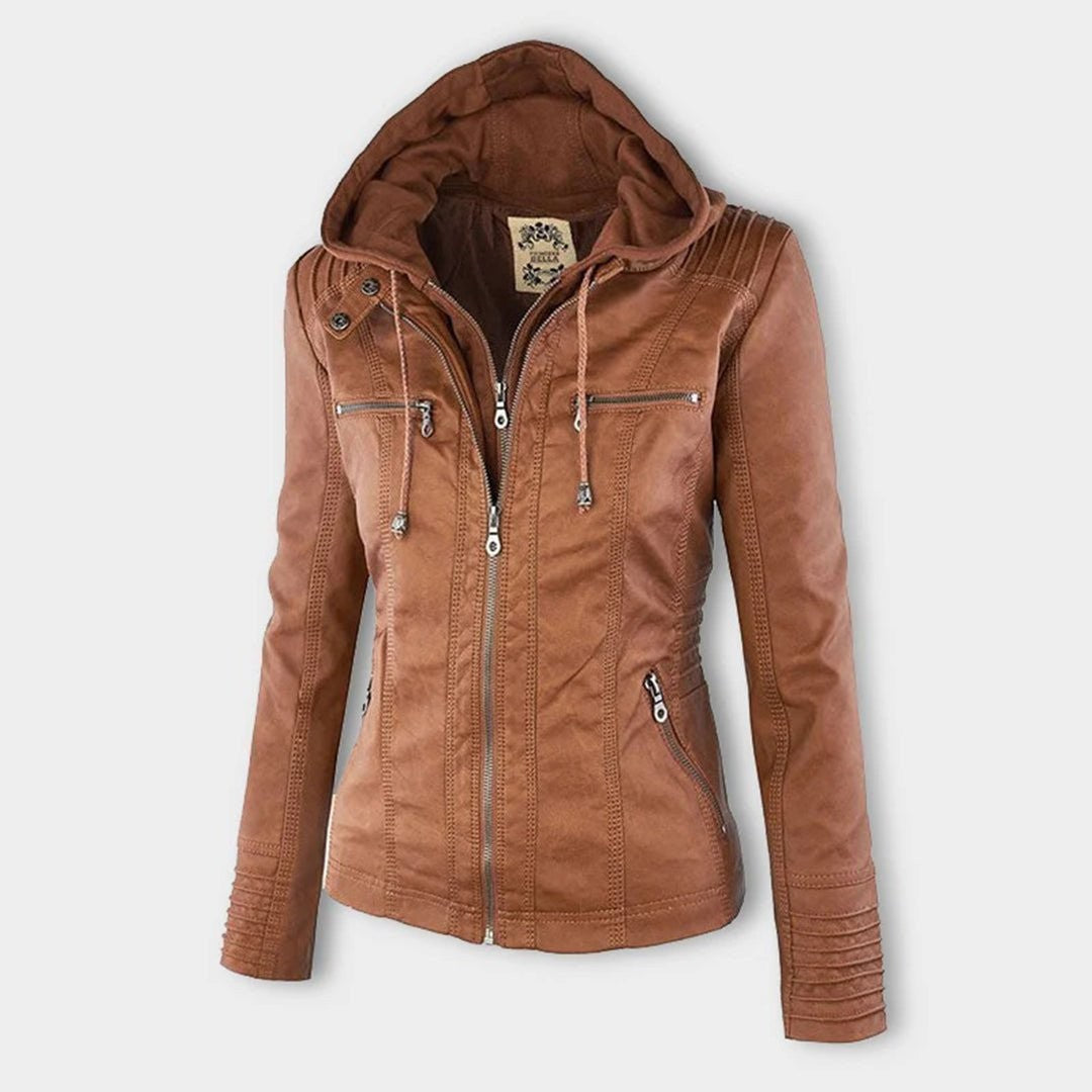 Tan faux-leather hooded jacket with zip-off hood and quilted shoulder detail