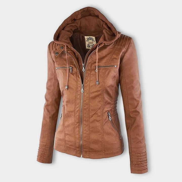 Tan faux-leather hooded jacket with zip-off hood and quilted shoulder detail