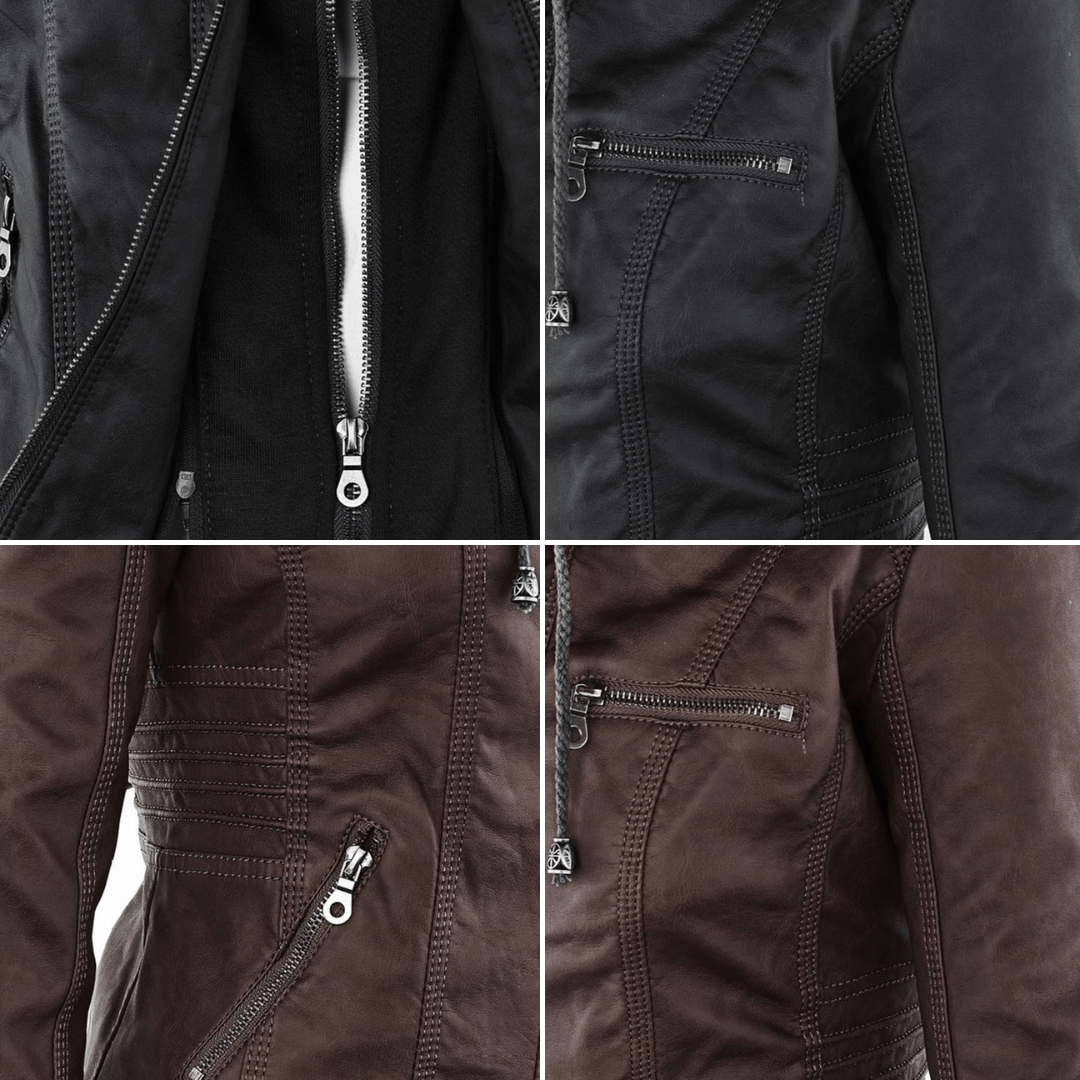 Colour swatch grid showing black and brown faux-leather jacket stitching details