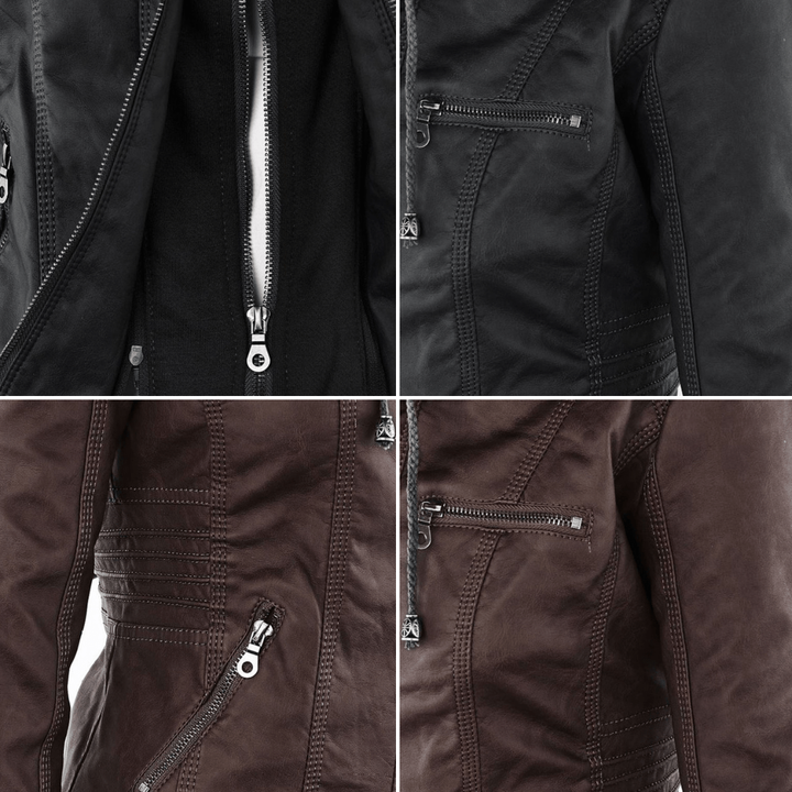 Colour swatch grid showing black and brown faux-leather jacket stitching details