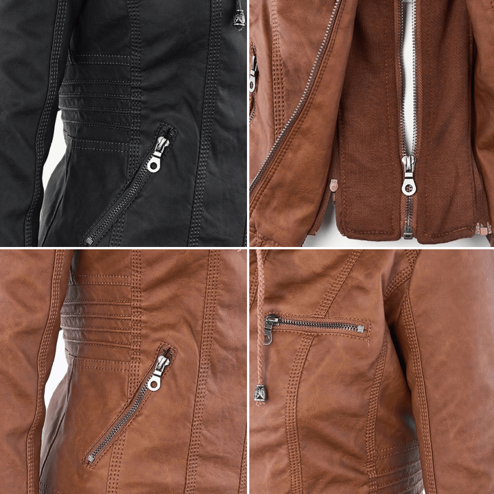 Colour swatch grid showing black and tan faux-leather jacket zip details