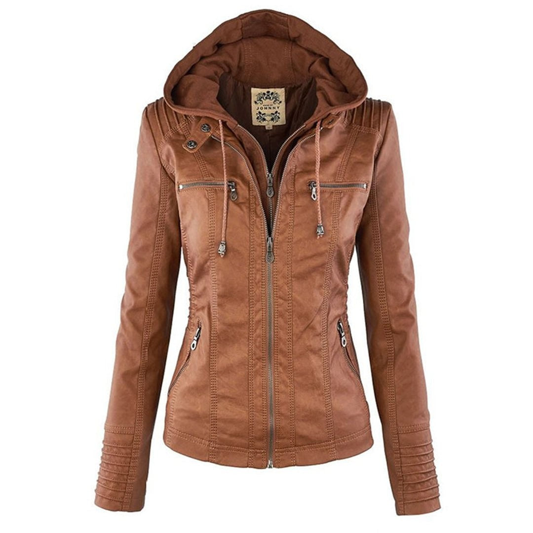 Tan faux-leather hooded jacket displayed against a plain white background