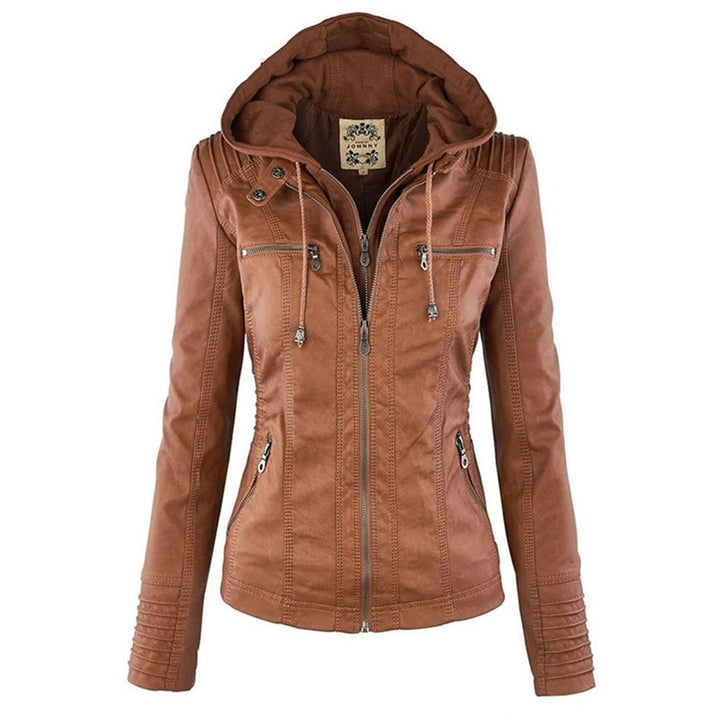 Tan faux-leather hooded jacket displayed against a plain white background