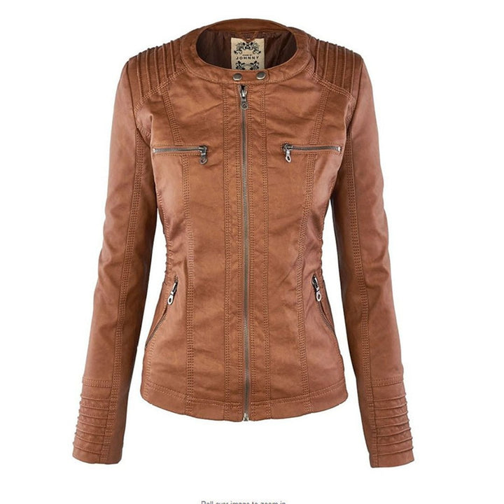 Tan faux-leather biker jacket with detachable hood removed, round collar