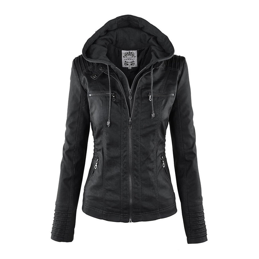 Black faux-leather hooded jacket displayed against a plain white background