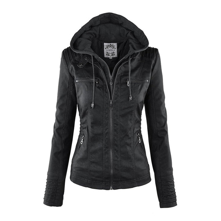Black faux-leather hooded jacket displayed against a plain white background