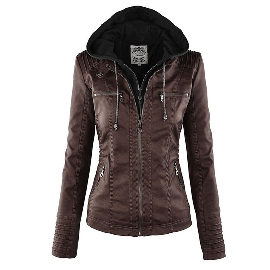 Brown faux-leather hooded jacket with contrasting black hood on white background