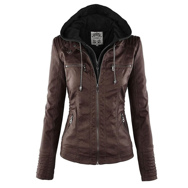 Brown faux-leather hooded jacket with contrasting black hood on white background
