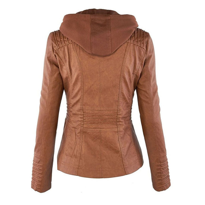 Rear view of tan faux-leather hooded jacket showing quilted panel stitching